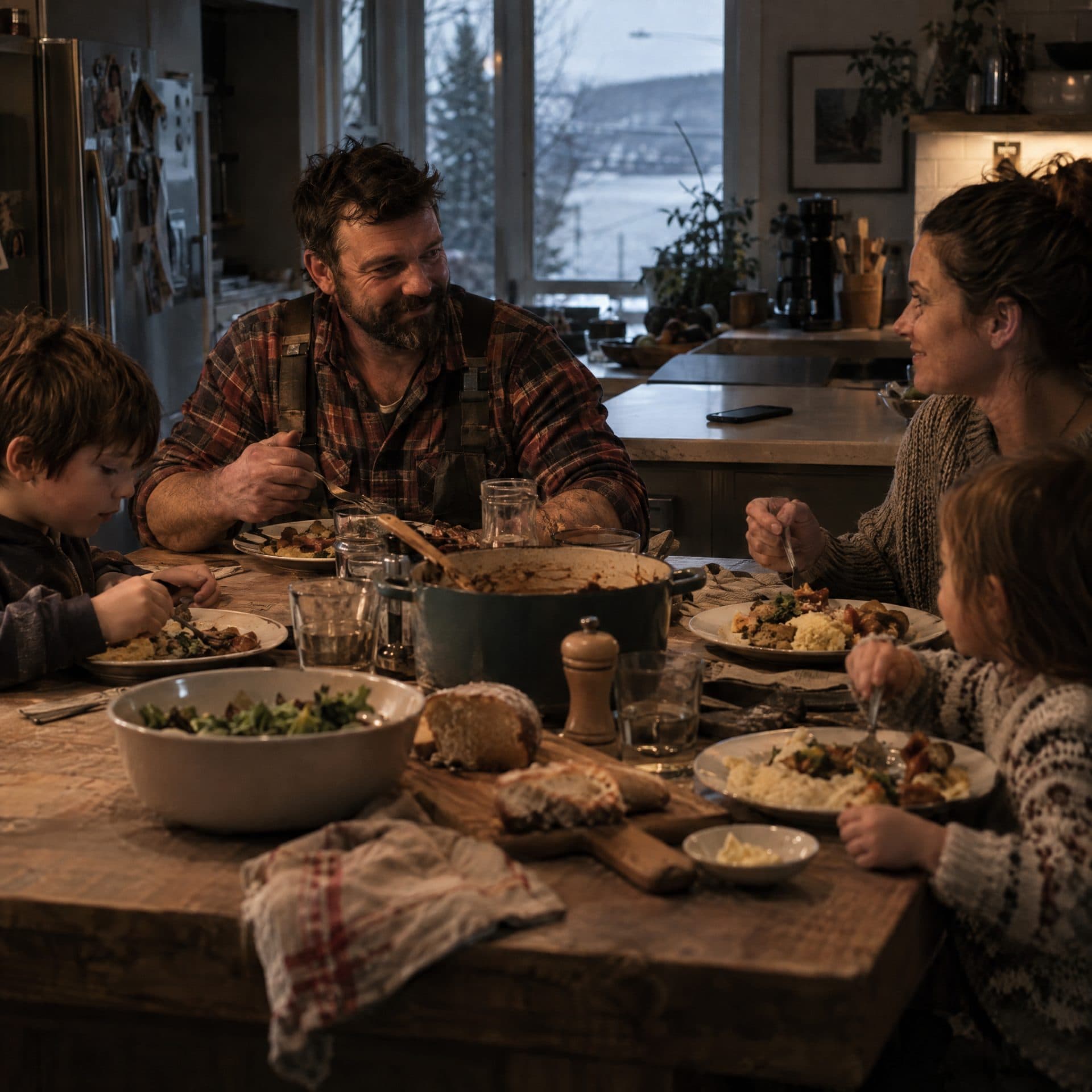 Famille de quatre personnes partageant un repas pendant que le téléphone de l'entrepreneur reste silencieux