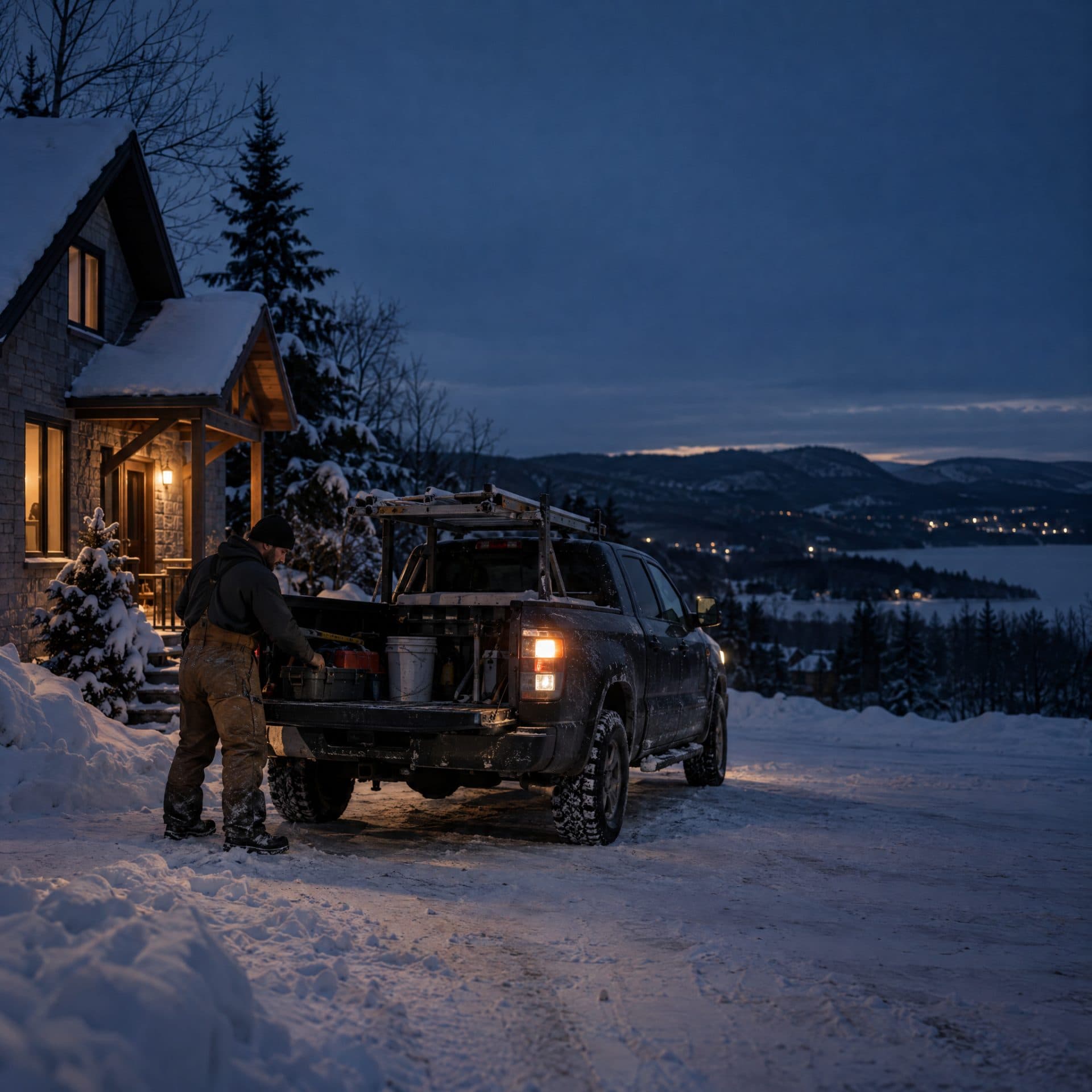 Personne chargeant des fournitures dans un véhicule devant un chalet enneigé au crépuscule