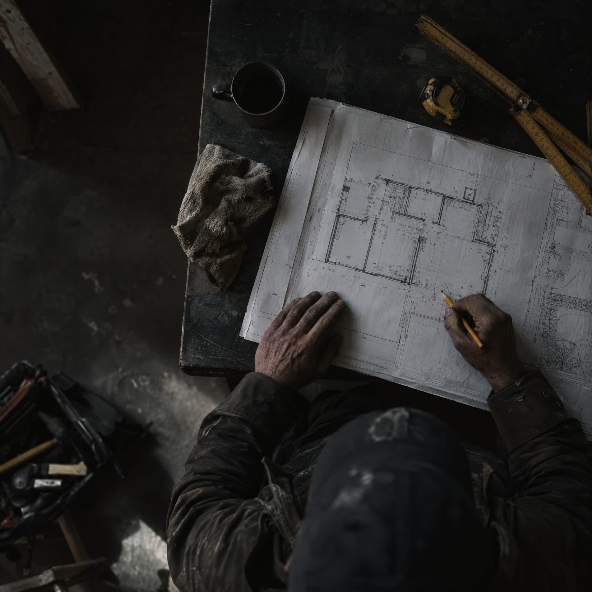 Professionnel de la construction examinant des plans sur une surface de travail sombre