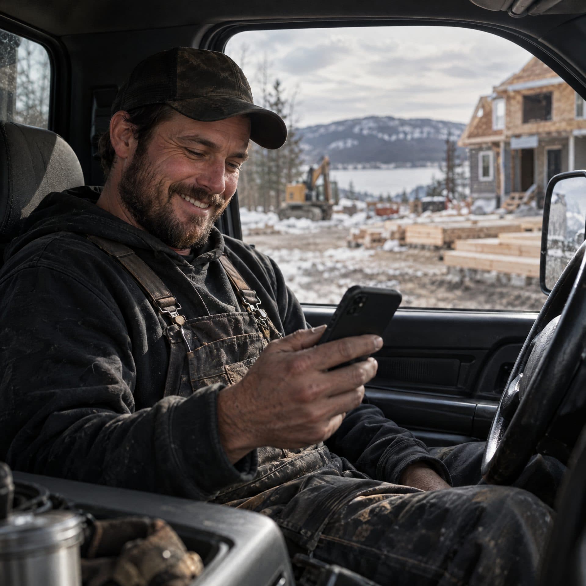 Entrepreneur souriant qui consulte son téléphone dans son camion devant un chantier
