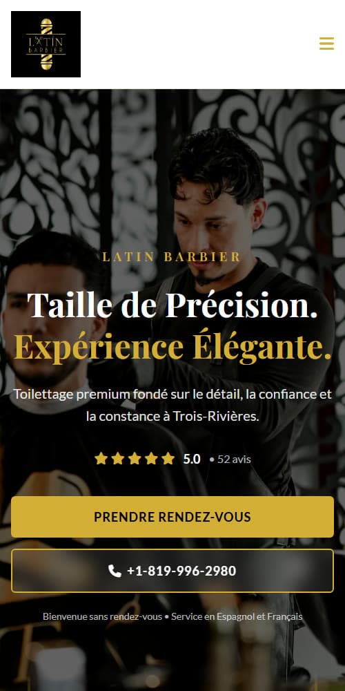 Nouveau site de Latin Barbier affiché sur téléphone mobile